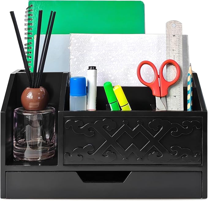 Black Wooden Mail Organizer with Drawer, Three Tiered Desk Accessories for Office Organization and Storage, Stylish Countertop Document Storage, Home/Office/Classroom Supplies (Black03)