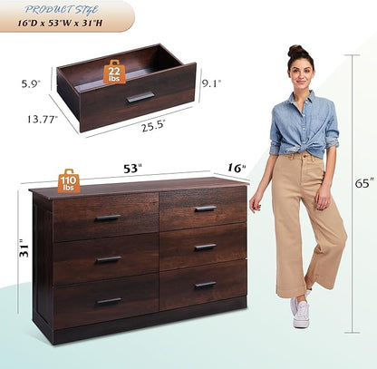 WLIVE Wooden Dresser for Bedroom, Wide Chest of Drawers with 6 Drawers, Large Brown Storage Tower Unit, Modern Minimalist Closet Store Organizer for Living Room, Hallway