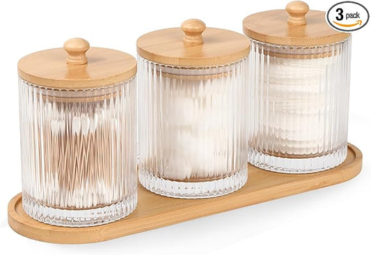 eggs sound 3 Pack Qtip Holder - Bathroom Organizers and Storage, Cotton Round Holder Floss Pick Cotton Ball Holder Swab Dispenser Set with Tray, Glass Apothecary Jars with Lids, -sw clear y