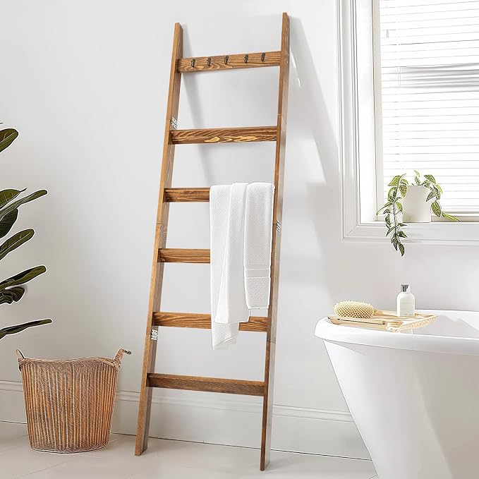 TEAKMAMA 6-Tier Blanket Ladder for Living Room and Bedroom,5.4 Ft Wall Leaning Quilt Rack with Hooks,Rustic Decorative Farmhouse Blanket Storage,Stylish Ladder Holder,Christmas Decorations,Honey Brown