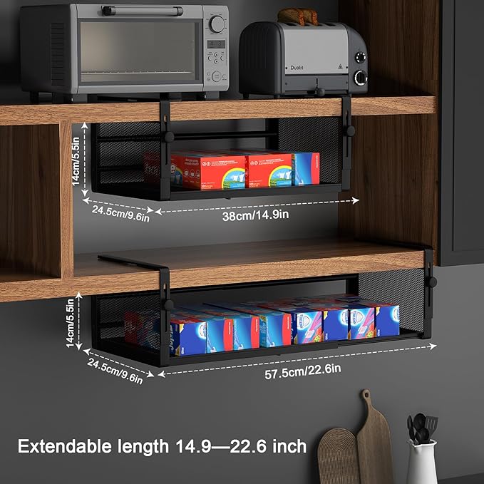 AmonHouseware 2Pack Under Shelf Basket, Adjustable Hanging Under Cabinet Shelf Storage, Hanging Holder Length Stretchable 14.9-22.6Inch for Kitchen Pantry Desk Counter Bookshelf Cupboard (Black)