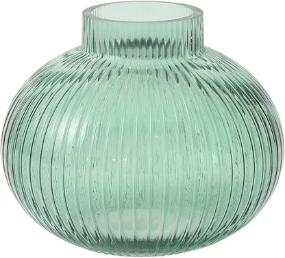 Green Glass Vase for Tulips, Ribbed Glass Vase for Flowers, Round Flower Vases, Small Short Vases for Living Room, Office, Coffee Table, Shelf, Wedding, 6 Inches