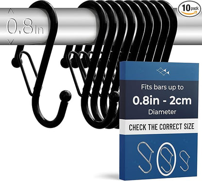 10-Pack Metal S Hooks for Hanging – Heavy-Duty S-Shaped Hook with Safety Buckle – Fits Bars up to 0.8 in – Anti-Drop S-Hooks for Kitchen, Bathroom, Closet & Pot Racks – Black (Medium)