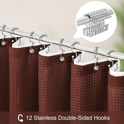 3 in 1 Extra Long Brown Shower Curtain Set-72 W x 84 H, Modern Waffle and PEVA Liner Set with 12 Stainless Steel Hooks, Waterproof Fabric for Bathroom