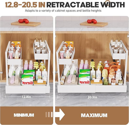 Expandable Under Sink Organizer with 3 Ball-Bearing Slide Rails, 2-Tier Pull-Out Under Cabinet Storage Shelf for Kitchen & Bathroom, Height-Adjustable Slide-Out Cabinet Drawer （White, 1-Pack）