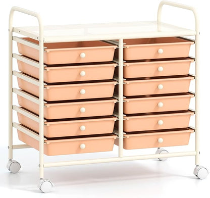 GOFLAME 12-Drawer Rolling Storage Cart, Multifunctional Art Craft Organizer Cart, Mobile Utility Storage Cart with Removable Drawers & Lockable Wheels, Craft Cart for Home Office School, Peach Fuzz