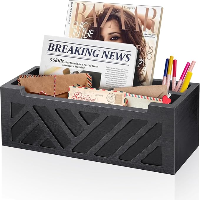 MINCORD Mail Organizer Mail Holder Countertop with 2 Slots, Wood Mail Basket for Wall Table Desk, Envelope Bill Holder for Home Office Decor (Black-2)