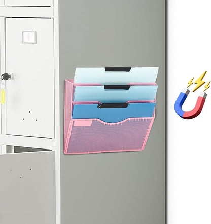 EASEPRES Magnetic 3 Pocket Mesh Hanging Wall File Organizer, Wall Mounted Mail Paper Document Folder Holder, Clipboard Storage Magazine Rack with Nametag Label for Office Home School, Pink