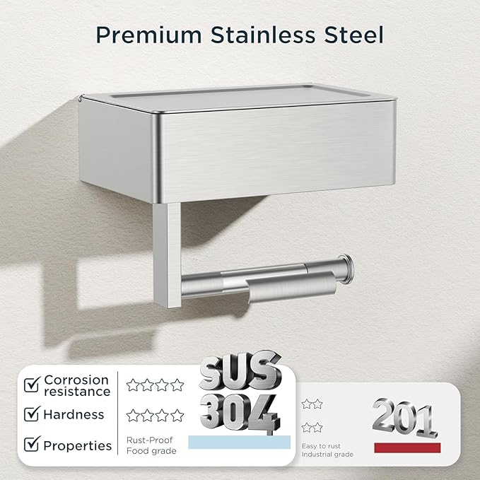 FORIOUS Toilet Paper Holder with Shelf, Sanitary Napkin Receptacle Tampon Holder, Wall Mount Toilet Paper Holder with Storage, Flushable Wipes Dispenser Fits for Bathroom Commercial(Brushed Nickel)