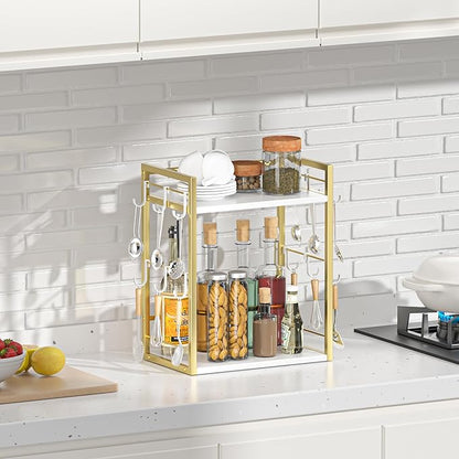 Dorhors 2 Tier Coffee Bar Accessories and Organizer,Multi-functional Mug Holder with 12 Hooks,Wood Coffee Station Organizer,Kitchen Countertop Shelf (Gold + White)