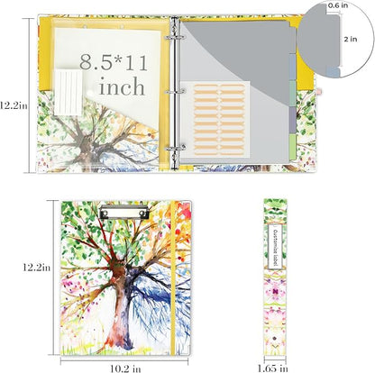 1 Inch 3 Ring Binder Organizer, Three Ring Binder with Clipboard, 5-Tabs Pockets Dividers, Transparent Folder,18 Divider Stikers, BVSSX Decorative Binders for Letter Size 8.5"x11" Paper (Seasons Tree)