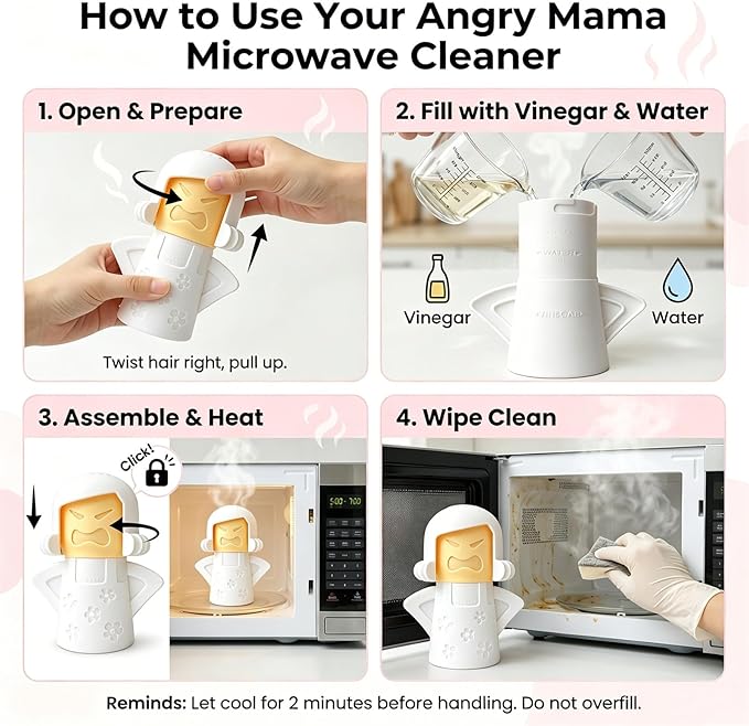 Angry Mama Microwave Oven Steam Cleaner, Angry Mom Microwave Cleaner, Just Add Vinegar and Water, Cut Cleaning Time by Half (White)