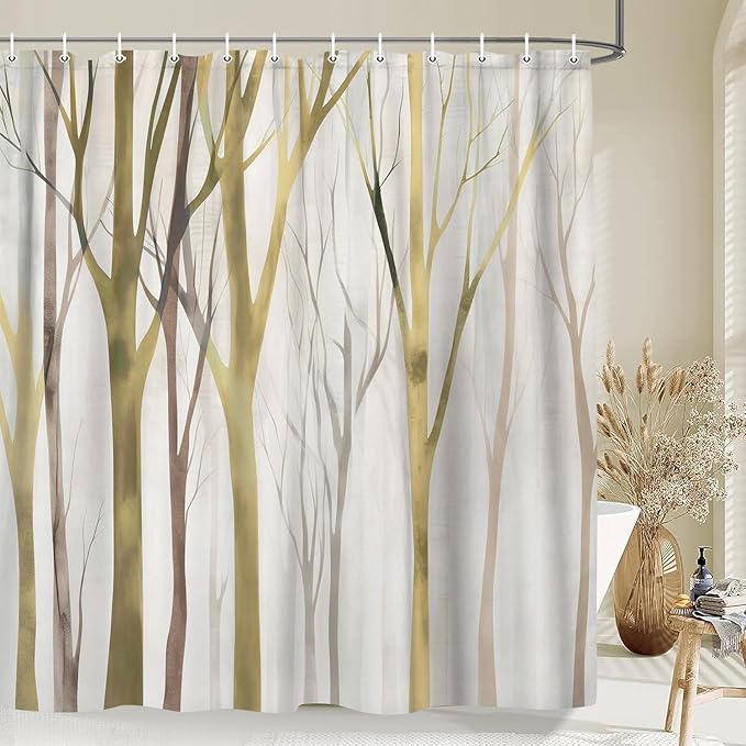 MERCHR Brown Yellow Tree Fabric Shower Curtain, Art Style Abstract Birch Forest Rustic Wood Polyester Fabric Waterproof Bath Curtain, Farmhouse Bathroom Shower Curtains with Hooks 72X75 Inch