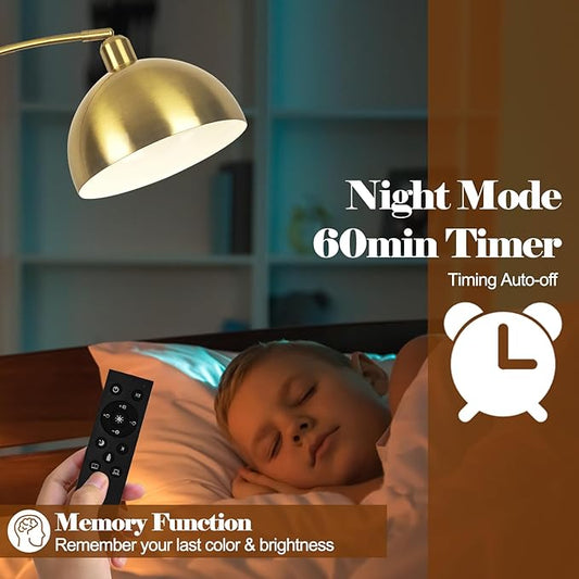 【Upgraded】 Arc Floor Lamps for Living Room - Stepless Dimmable Gold Tall Lamp with Remote Control & Color Temperature 9W LED Bulb, Over Couch Arched Reading Standing Lamp for Bedroom Brass