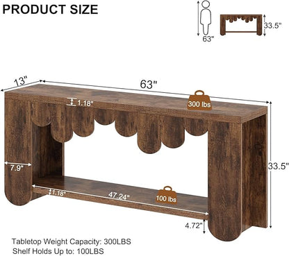 IBF Rustic Long Console Table, 63” Farmhouse Entryway Table with Storage, 2-Tier Wood Rectangular Sofa Table Behind Couch, Modern Entry Table for Hallway Entrance Foyer Home Living Room, Rustic Brown