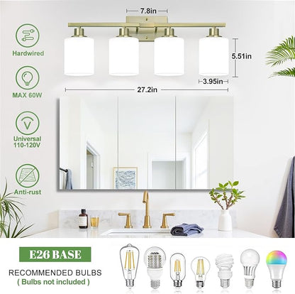 4-Light Bathroom Light Fixtures, Aged Brass Vanity Light with Milky White Shades, Bathroom Lighting Fixtures Over Mirror, Modern Bathroom Wall Lamp for Mirror Living Room Cabinet Bedroom