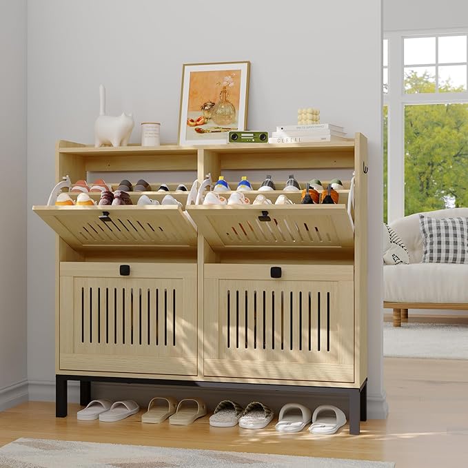 Garvee 4 Flip Drawer Shoe Cabinet with Adjustable Shelves, Hidden Shoe Organizer with Large Capacity, Freestanding Wooden Shoe Rack for Entryway, Hallway, Living Room, Natural