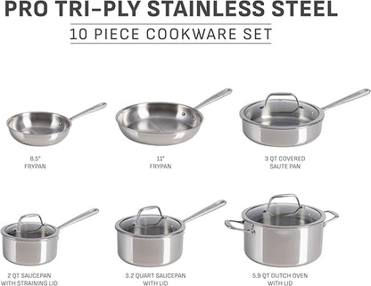T-fal Pro Tri-Ply Stainless Steel Cookware Set, 10 Piece-Induction Compatible, Oven Safe 500F, Lids-350F, Even Heat, Professional Quality, Durable, Induction Pots and Pans Set, Silver