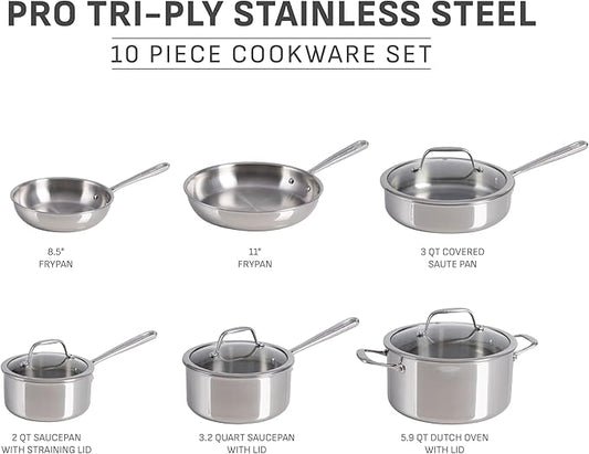 T-fal Pro Tri-Ply Stainless Steel Cookware Set, 10 Piece-Induction Compatible, Oven Safe 500F, Lids-350F, Even Heat, Professional Quality, Durable, Induction Pots and Pans Set, Silver