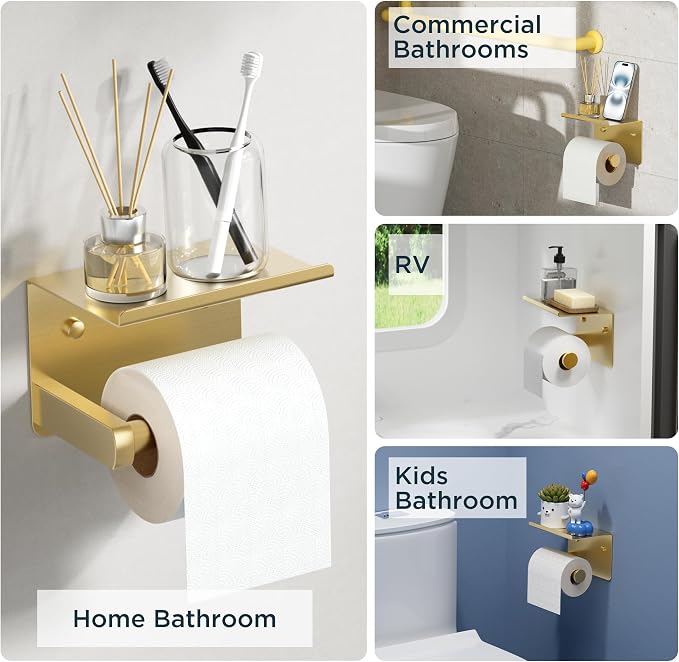 FORIOUS Toilet Paper Holder with Shelf, Adhesive or Screw Wall Mount Toilet Paper Roll Holder for Bathroom, 304 Stainless Steel Commercial Toilet Tissue Roll Dispenser with Phone Shelf (Brushed Gold)