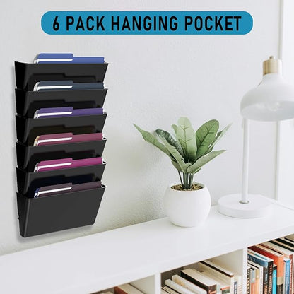6 Pockets Acrylic Wall File Organizer, Clear Wall File Holder, Plastic Hanging Wall File Holder for Office, School and Home, Black