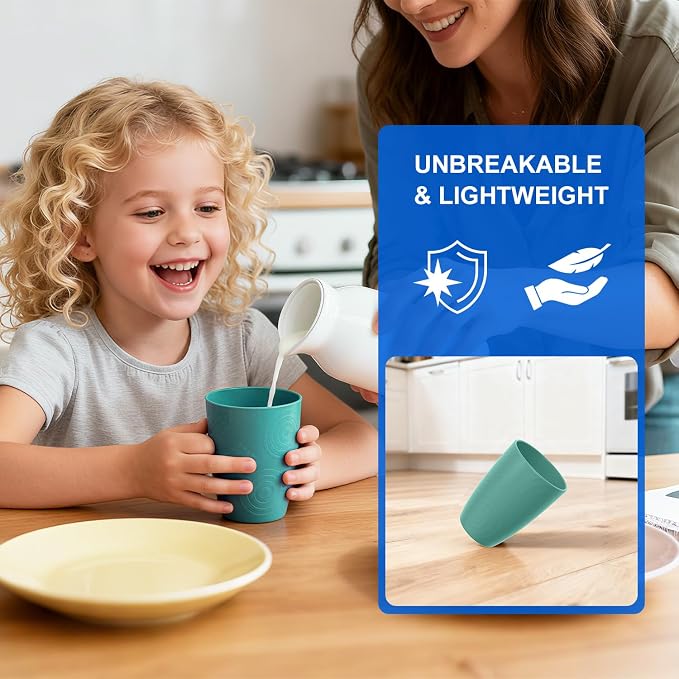 Wheat Straw Plastic Cups Set 6 PCS, 12 OZ Unbreakable Reusable Plastic Cups, Dishwasher Safe Kids Drinking Cups for Indoor and Outdoor Use, Green