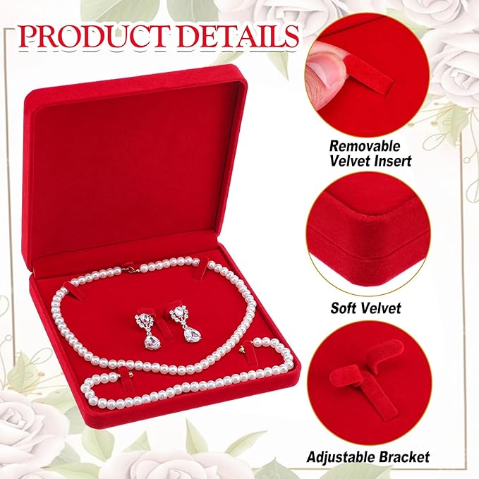 4 Pcs Velvet Jewelry Set Box Jewelry Display Case Earring Ring Bracelet Necklace Gift Box Pearl Necklace Storage Case for Mother's Day Wedding Travel Anniversary(Wine Red)
