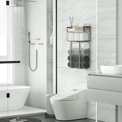 Towel Racks for Bathroom, Metal Towel Holder with Storage Basket,Wall Towel Rack for Rolled Towels, Towel Storage for Small Bathroom.