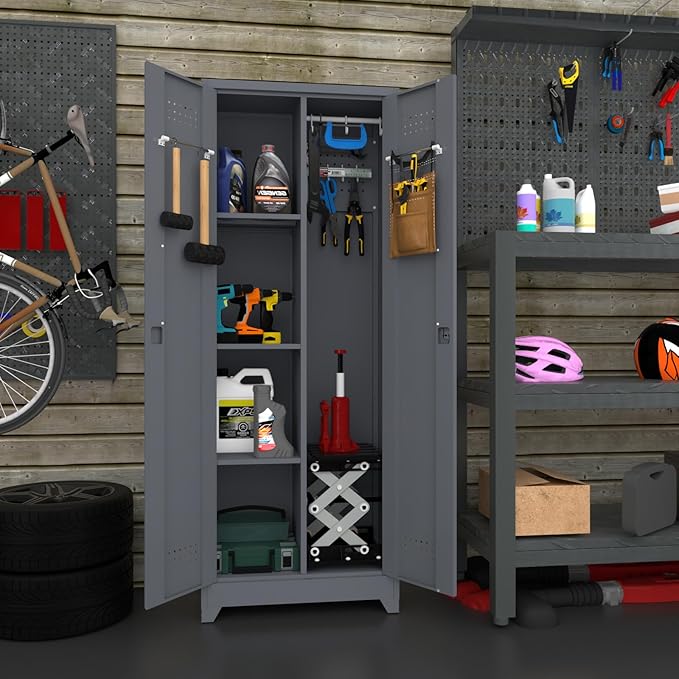 65" H Metal Storage Cabinet,Broom Closet Storage Cabinet with Adjustable Shelves,Locking Steel Cabinets with Pegboard and Hanging Rod,Utility Closet for Brooms and Mops,Grey