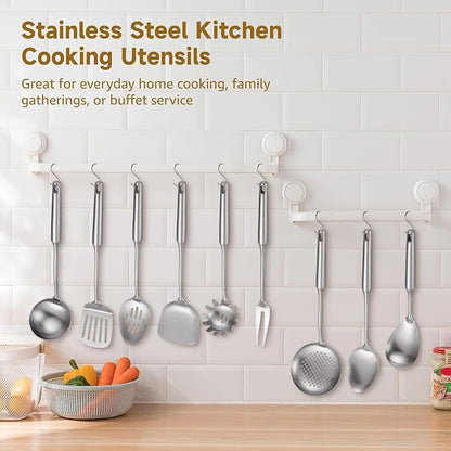 9 PCS Stainless Steel Cooking Utensils, Kitchen Serving Utensil with Long Handle & Hanging Hole, Skimmer, Ladle, Spatula, Slotted Spoon, Pasta Server, Meat Fork, Dishwasher Safe