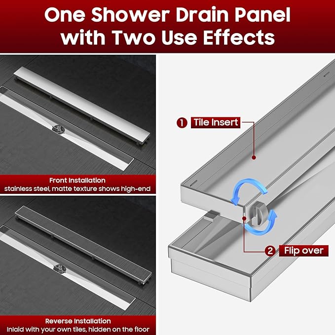 DLONE Linear Shower Drain | 48" AISI 304 Stainless Steel Linear Drain, Brushed Nickel Shower Drain with Tile Insert Panel & Adjustable Feet, Long Rectangle Shower Floor Drain in Bathroom, Balcony etc