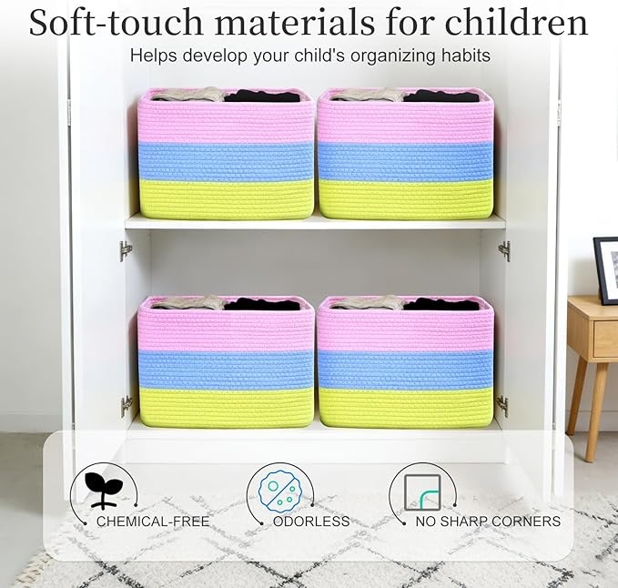 Hopegiver Rainbow Cotton Rope Storage Baskets Set of 3 for Kids Baby, Colorful Storage Bins for Toys, Woven Organizer Baskets Room Decor for Nursery & Playroom(Pink&Blue&Yellow, 15x11x10 IN)