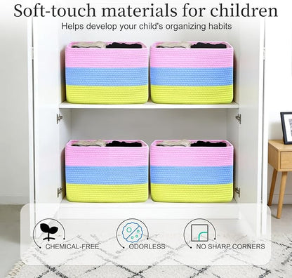Hopegiver Rainbow Cotton Rope Storage Baskets Set of 3 for Kids Baby, Colorful Storage Bins for Toys, Woven Organizer Baskets Room Decor for Nursery & Playroom(Pink&Blue&Yellow, 15x11x10 IN)
