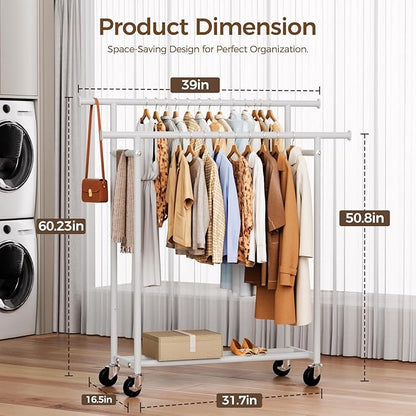 HYSEYY Clothes Rack, Double Rods Rolling Clothing Rack for Hanging Clothes, Portable Garment Rack with Wheels, Coat Rack Wardrobe Closet Load 240 LBS for Bedroom Laundry Room (White, L)
