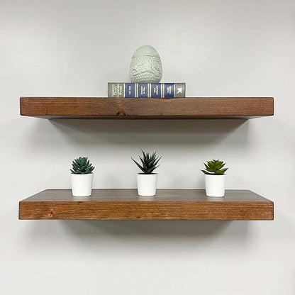 URBANDI, Rustic Floating Shelves, Set of 2, Hidden Bracket, Solid Wood, Heavy Duty, Wall Mounted Shelves, (Provincial, 24Wx12D)