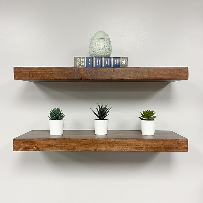 URBANDI, Rustic Floating Shelves, Set of 2, Hidden Bracket, Solid Wood, Heavy Duty, Wall Mounted Shelves, (Dark Brown, 12Wx8D)