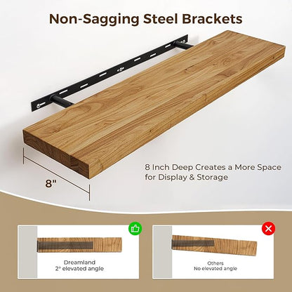 55 Inch Floating Shelves for Wall, Solid Elm Wood Wall Shelf for Home Decor, 8 Inch Deep Floating Shelf for Storage, 55 x 8 Wooden Shelves for Bathroom Living Room Kitchen, Natural Color, Set of 1