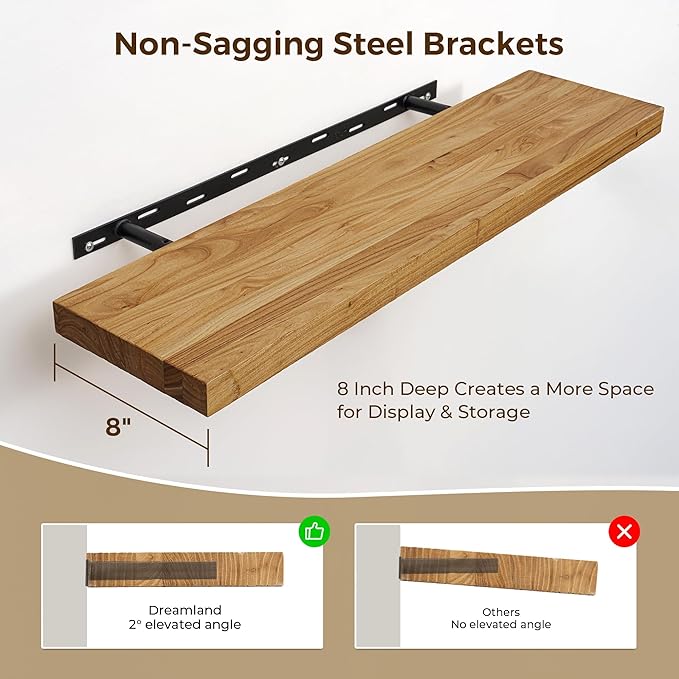 Rustic Wood Floating Shelves for Wall Decor, Elm Wood Shelves 48 Inch Long, 8 Inch Deep Floating Shelf with for Living Room Bathroom Bedroom Kitchen, 48 x 8 Wall Shelves Set of 1, Natural Color