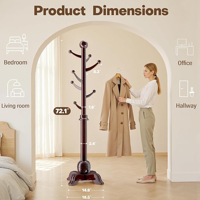 Hall Tree, Freestanding Wood Tree Rack with 7 Hooks, Coat Rack with Stable Sphere Base, Wooden Coat Rack Stand, Load 210 lb, Coat Hanger Stand for Entryway, Hallway, Bedroom (Black-Red)