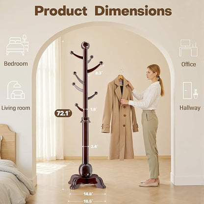 Hall Tree, Freestanding Wood Tree Rack with 7 Hooks, Coat Rack with Stable Sphere Base, Wooden Coat Rack Stand, Load 210 lb, Coat Hanger Stand for Entryway, Hallway, Bedroom (Black-Red)