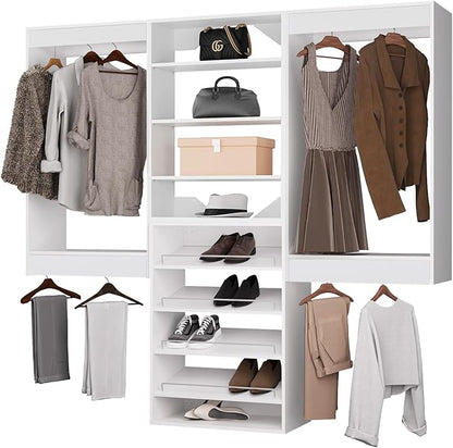 ROOMTEC Modular Closet System, 102" Wall Mounted Closet Organizer with Hanging Rods and Shoe Shelf, Wooden Tower for Walk-In Closets, Wardrobe Storage Kit, White