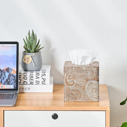 Vintage Wood Carved Square Tissue Box Cover Decorative,Napkin Dispenser,Facial Paper Holder for Bathroom Vanity Countertop,Bedroom Dresser,Night Stand, Desk, Office and End Table,Boho Flowers
