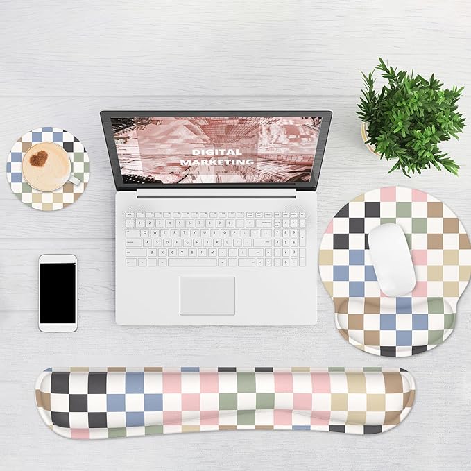 Ergonomic Mouse Pad with Wrist Rest and Keyboard Wrist Rest, Mousepad and Wrist Rest for Computer Keyboard, Non-Slip Rubber Base, Mouse Pad Wrist Support for Gaming, Colorful Checkered