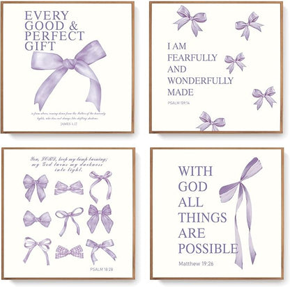 LARTSFRO Coquette Purple Bow Wall Art Decor Posters, Purple Bow Room Bedroom Bathroom Dorm Wall Art Decor Aesthetic for Teen Girls Gifts, Inspirational Bible Verses Bow Wall Decor, 10x10 Inch Set of 4 Pcs Bow Pictures (UNFRAMED)