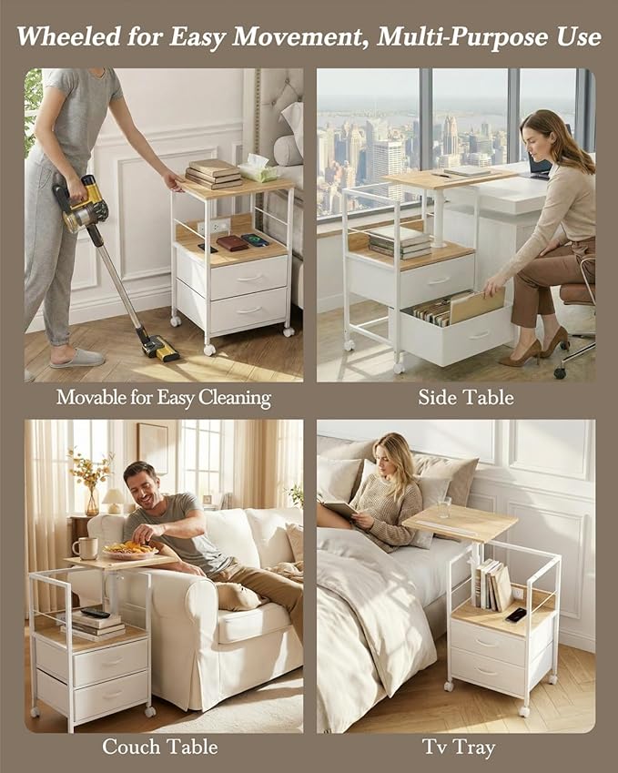Faesun Swivel Lift Top Nightstand with Charging Station, Rolling Side Table for Recliner, Bedside Table with Wheels & 2 Fabric Drawers, for Small Spaces, for Bedroom, Living Room, Oak White