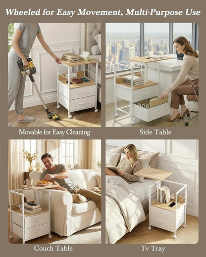 Faesun Swivel Lift Top Nightstand with Charging Station, Rolling Side Table for Recliner, Bedside Table with Wheels & 2 Fabric Drawers, for Small Spaces, for Bedroom, Living Room, Oak White