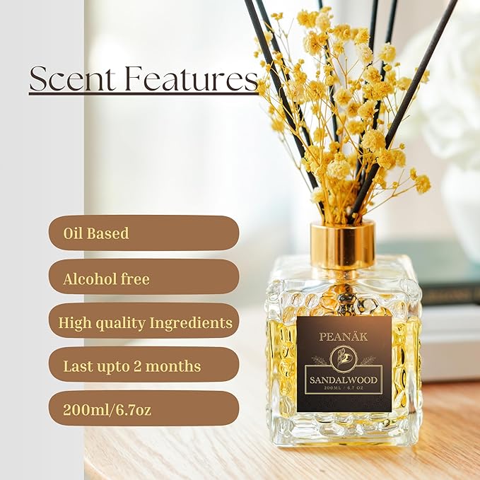 PEANÄK Set of 2 - Sandalwood Orange Fragrance Oil - Reed diffusers 6.7oz (200ml) 2 Pack of Long Lasting Scents for Home & Office,Living Room & Bathroom Shelf Decor and Gifts