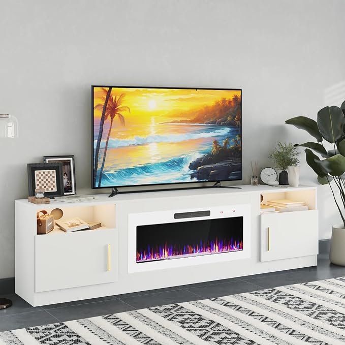 PRETZI Fireplace TV Stand with 36" Fireplace Up to 90" TVs, 80" Entertainment Center with LED Lights, Remote Control, TV Media Console with Storage Cabinets for Living Room, White+White