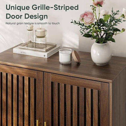 Sideboard Cabinet, 31.5" W Farmhouse Buffet Cabinet with Slatted Doors & Adjustable Shelf, Wood Coffee Bar Storage Station for Kitchen, Dining Room, Living Room, Entryway, Walnut Color