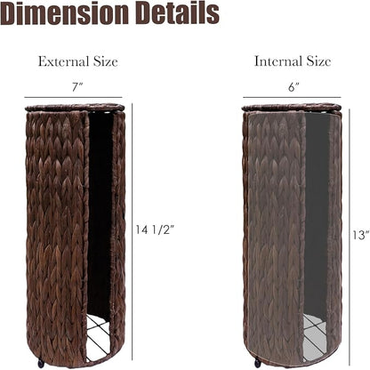 PINXIURY Water Hyacinth Paper Roll Holder, Wicker Toilet Paper Holder Stand for Bathroom, Toilet Roll Holder Stand for Bathroom and Under Sink, 3 Rolls of Toilet Paper Storage, Coffee